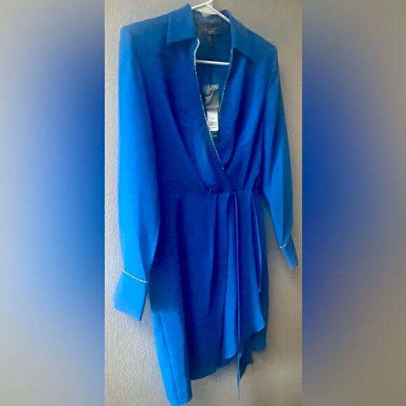BCBGMAXAZRIA BLUE FAUX WRAP RHINESTONE TRIM TULIP SKIRT MINI DRESS SIZE 4 - Picture 5 of 9